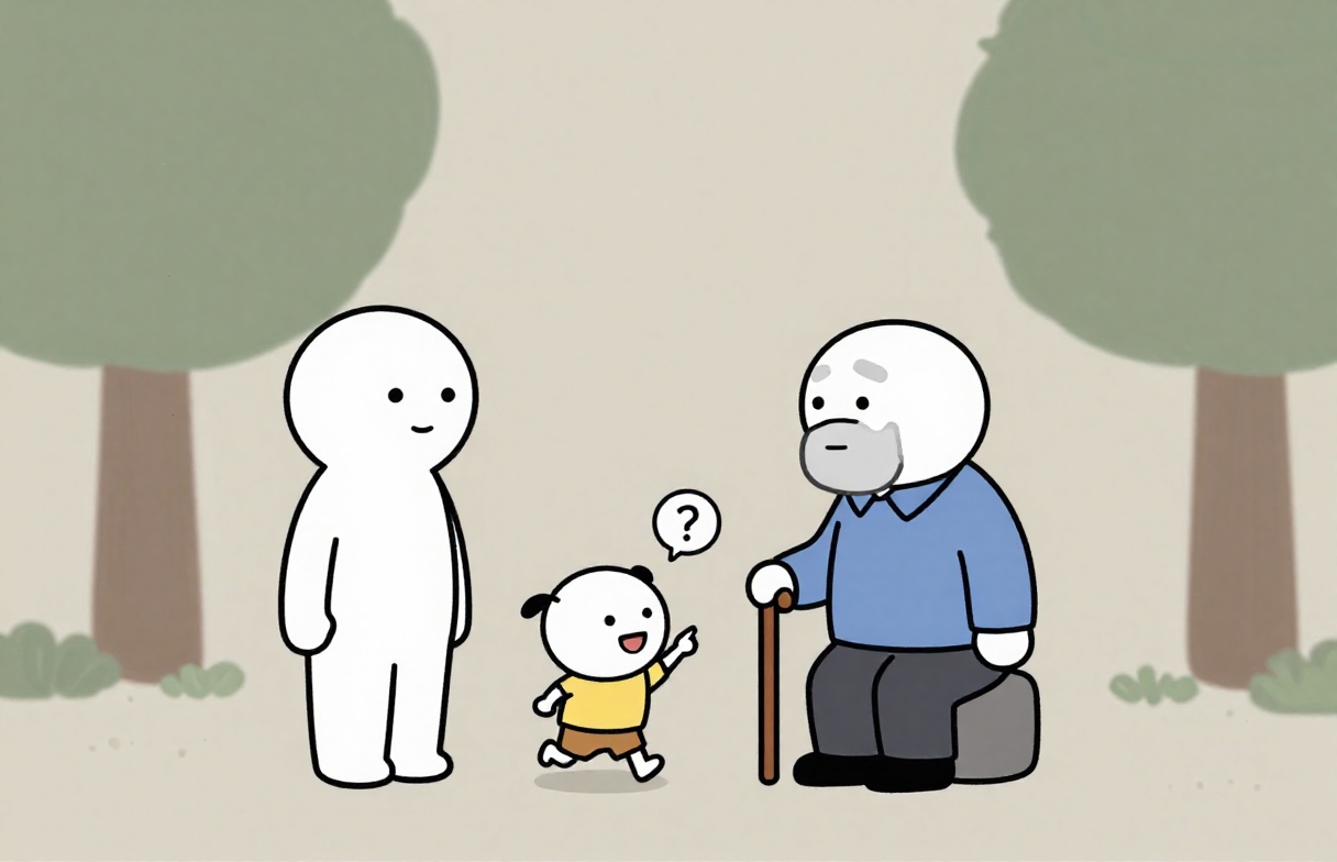 An early test render: the child and the old man, plus an uninvited blank white figure
