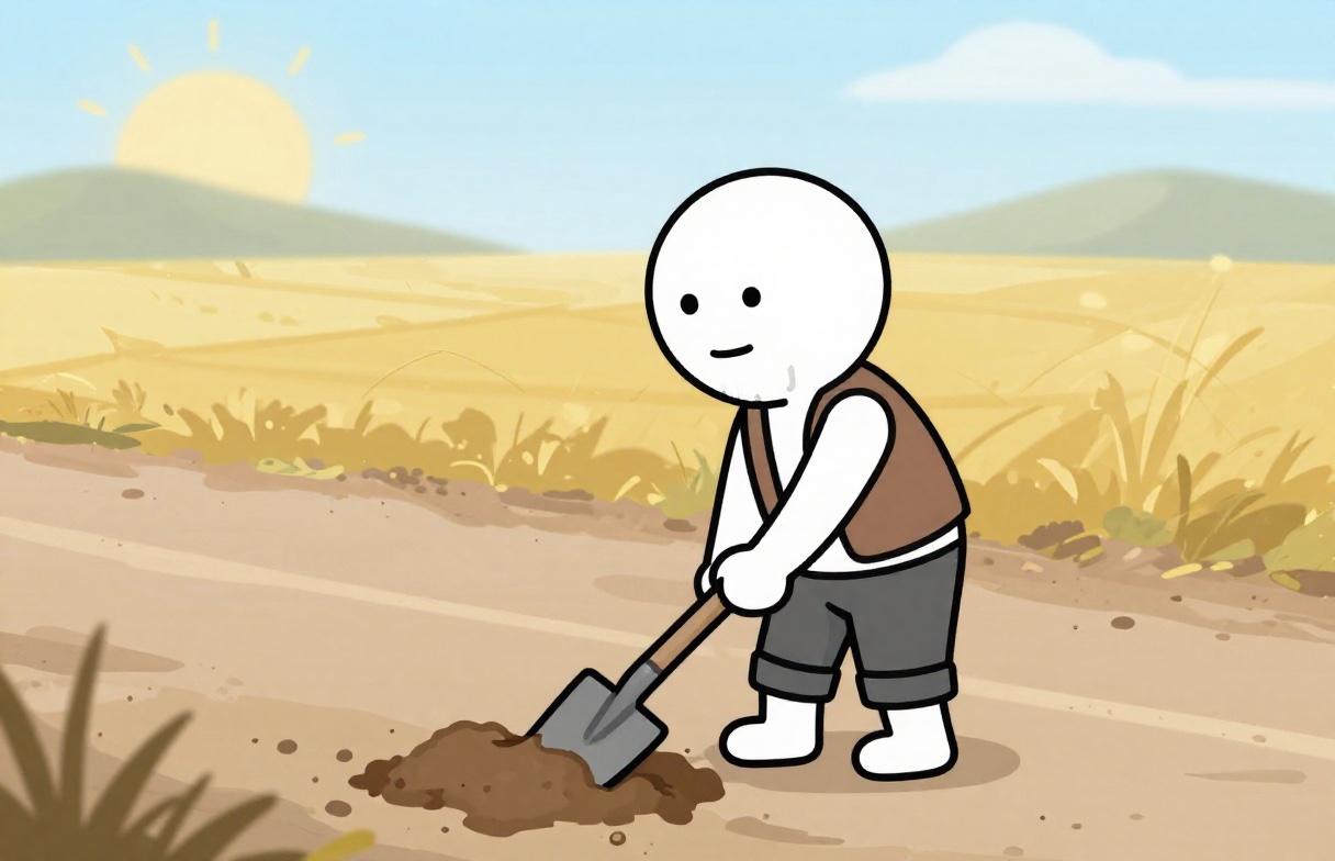 Scene s01 generated locally with Z-Image Turbo: a stick-figure old man digging beside a dusty road under a summer sun