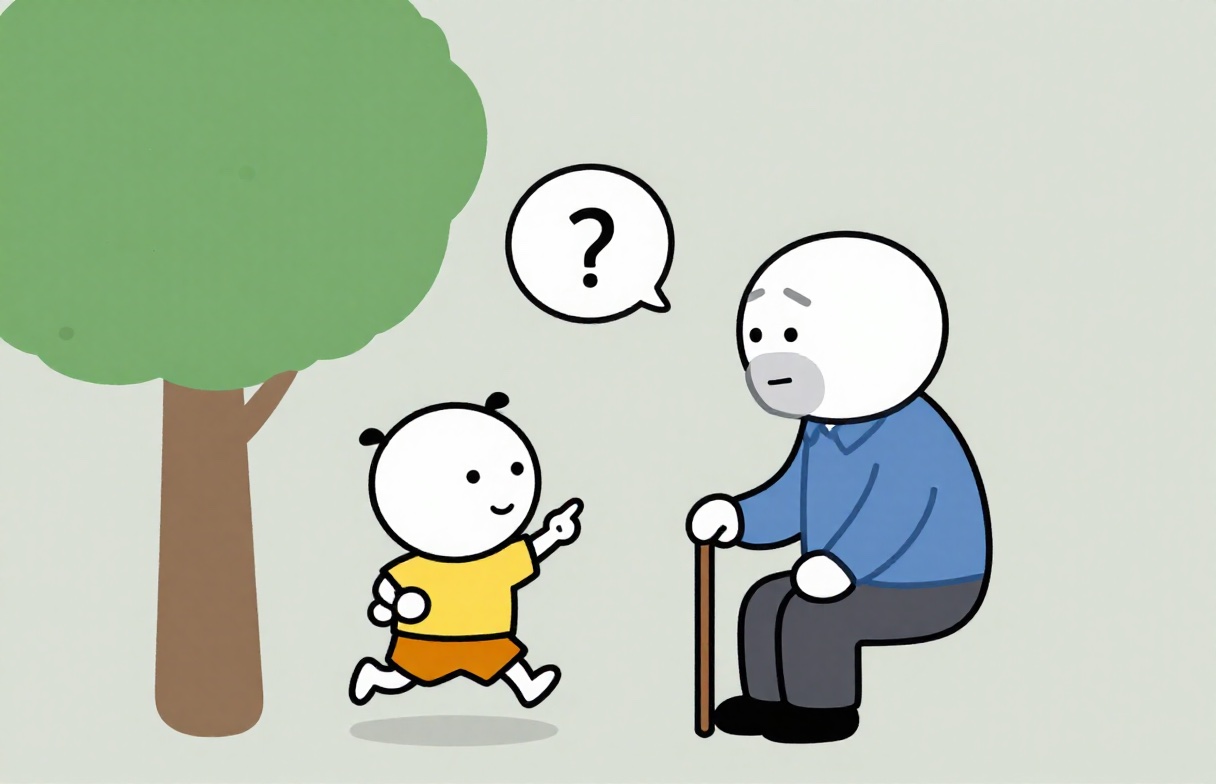 A later render of the same scene with only the child and the old man