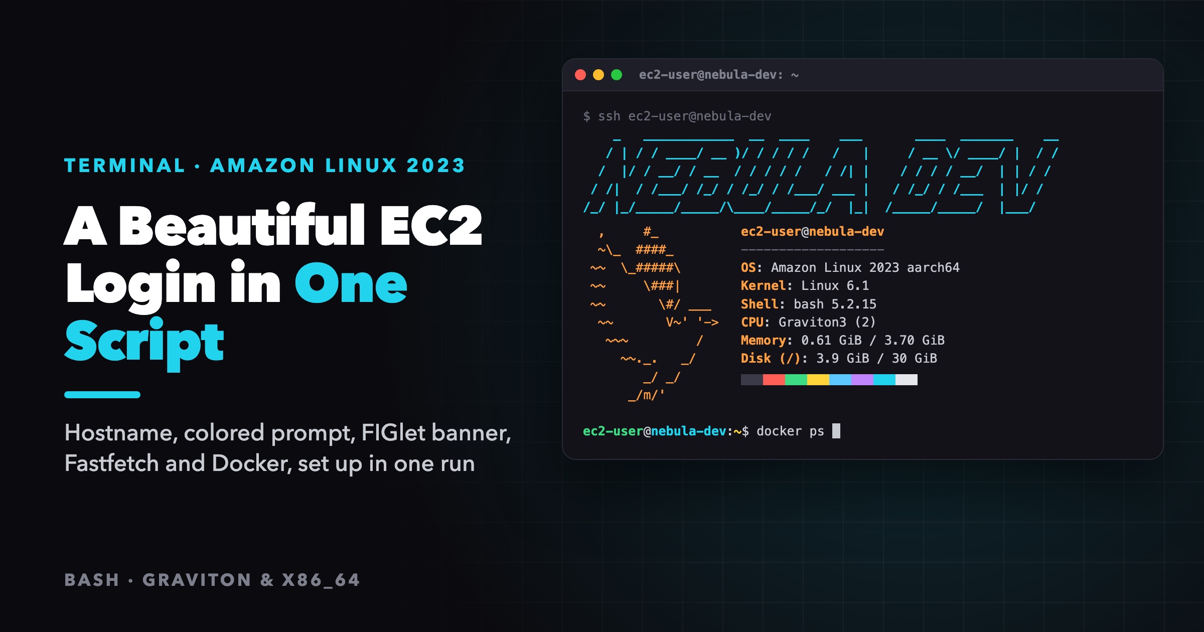 Cover Image for One Script for a Beautiful EC2 Login: Hostname, Colored Prompt, FIGlet Banner and Fastfetch on Amazon Linux 2023